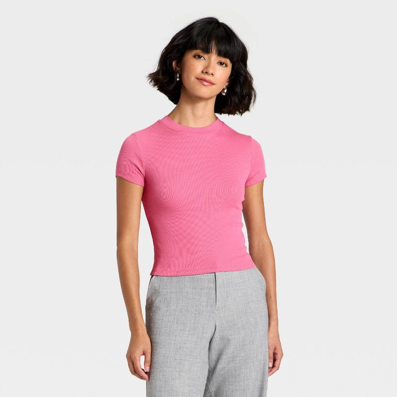 slide 1 of 4, Women's Slim Fit Cropped Ribbed T-Shirt - A New Day™ Pink S, 1 ct