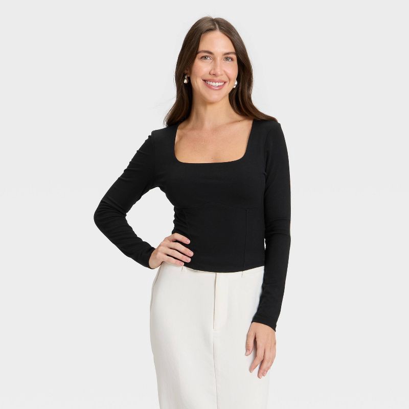 slide 1 of 4, Women's Slim Fit Long Sleeve Corset Top - A New Day™ Black L, 1 ct