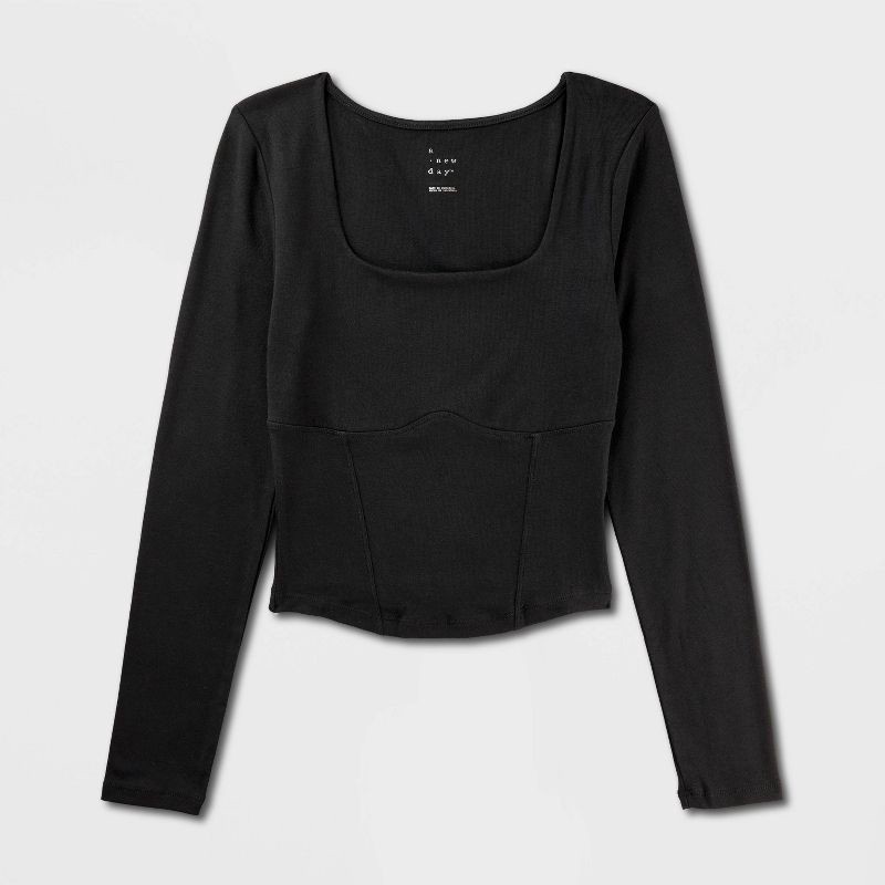 slide 4 of 4, Women's Slim Fit Long Sleeve Corset Top - A New Day™ Black M, 1 ct