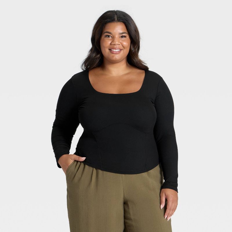 slide 1 of 3, Women's Slim Fit Long Sleeve Corset Top - A New Day™ Black XXL, 1 ct