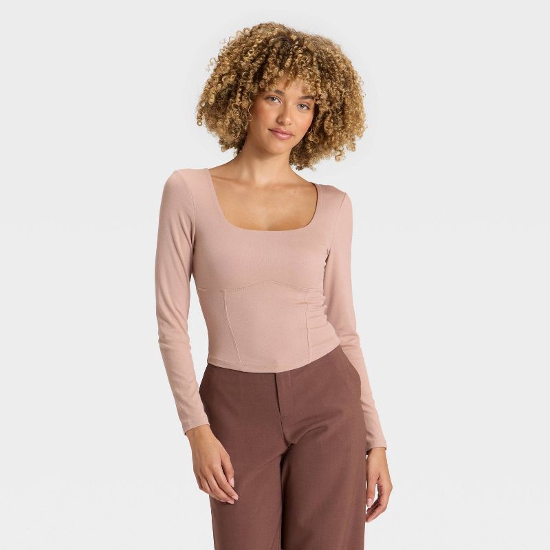 slide 1 of 4, Women's Slim Fit Long Sleeve Corset Top - A New Day™ Pink XS, 1 ct