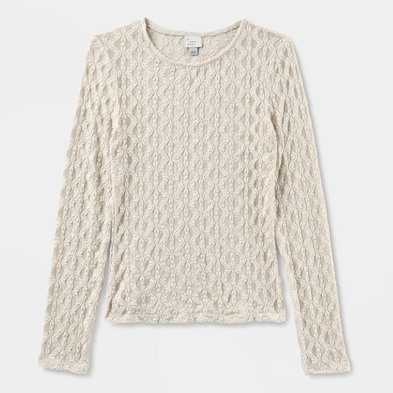 slide 4 of 4, Women's Long Sleeve Lace Top - A New Day™ Cream XS, 1 ct