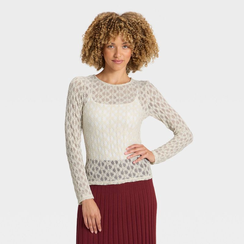 slide 1 of 4, Women's Long Sleeve Lace Top - A New Day™ Cream XS, 1 ct