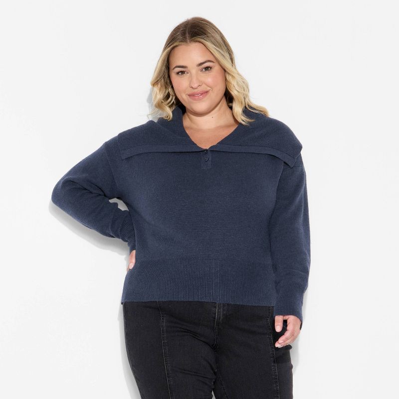 slide 2 of 3, Women's Button-Down Collar Henley Sweater - Wild Fable™ Navy Blue XXL, 1 ct