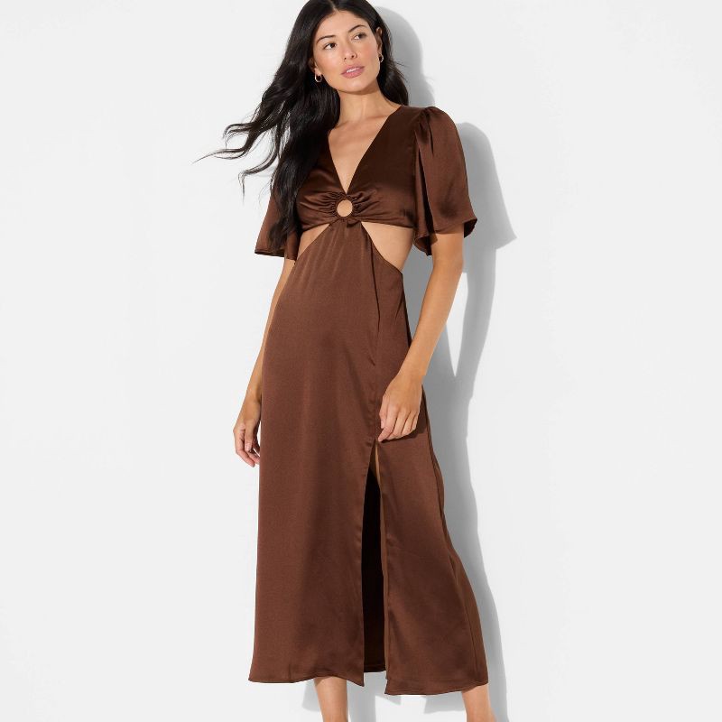 brown flutter sleeve dress Brown Mini Dress - Cora Flutter Sleeve Tie - Size 0 to 12