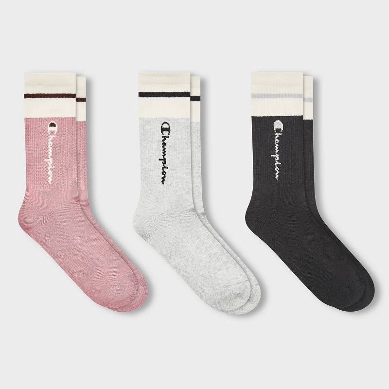 slide 4 of 4, Champion Women's Varsity Striped 3pk Crew Socks - Pink 4-10, 3 ct