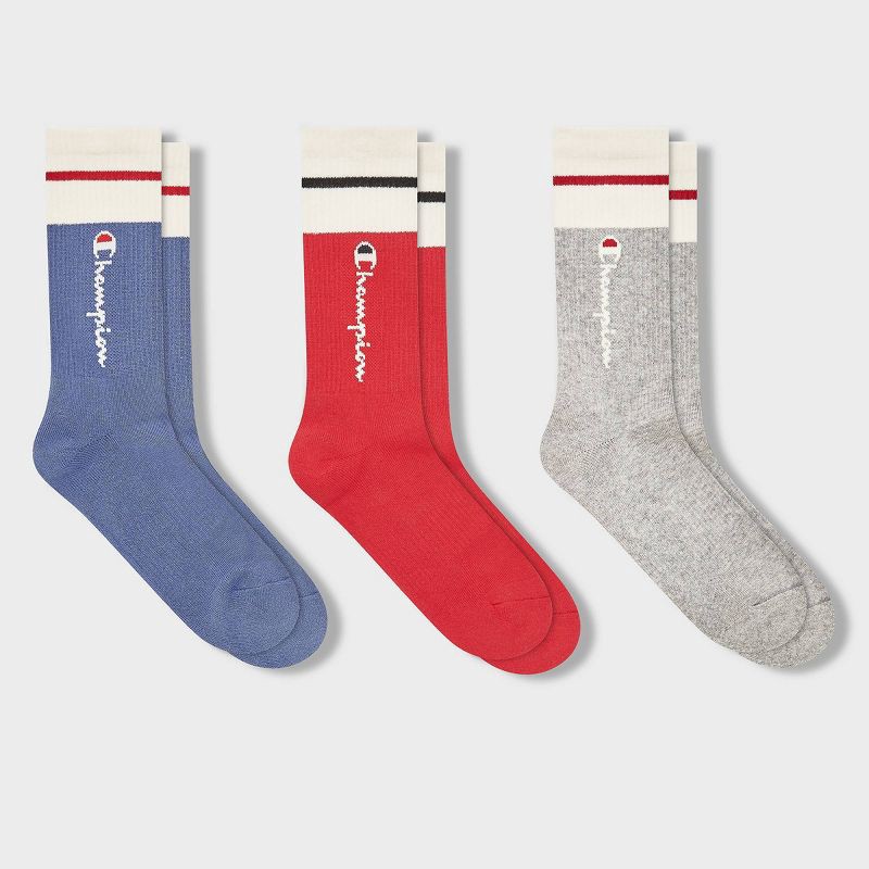slide 4 of 4, Champion Women's Varsity Striped 3pk Crew Socks - Blue 4-10, 3 ct