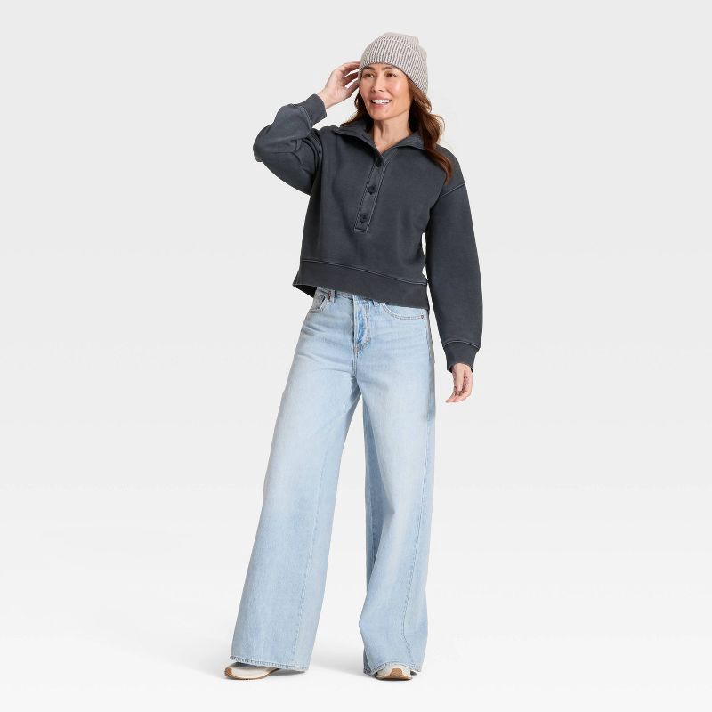 slide 3 of 3, Women's Button-Front Pullover Sweatshirt - Universal Thread™ Black XL, 1 ct