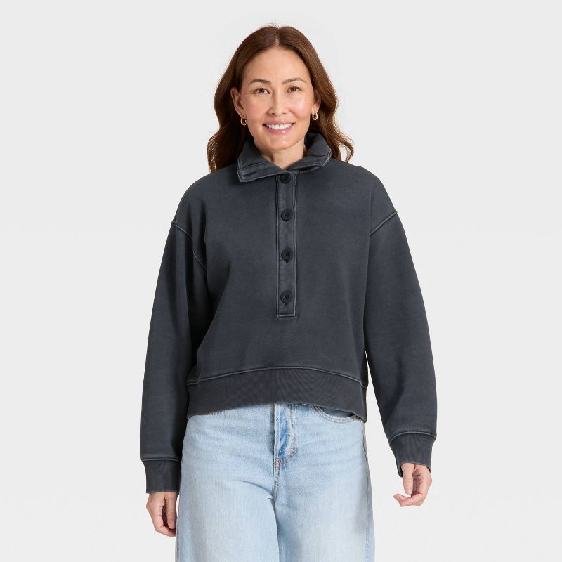 slide 1 of 3, Women's Button-Front Pullover Sweatshirt - Universal Thread™ Black XL, 1 ct