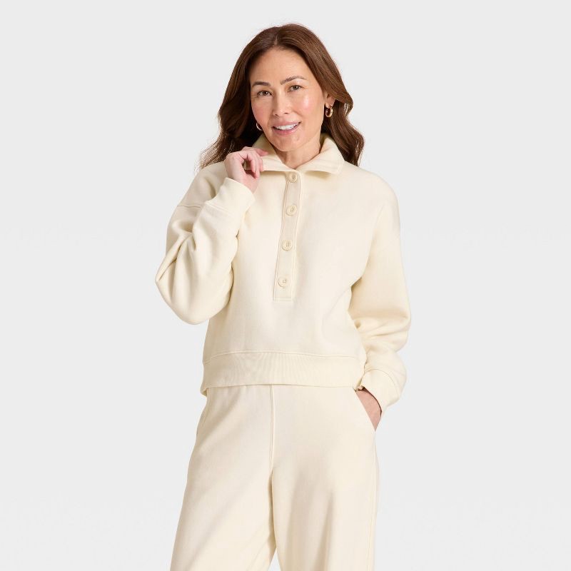 slide 1 of 3, Women's Button-Front Pullover Sweatshirt - Universal Thread™ Cream M, 1 ct
