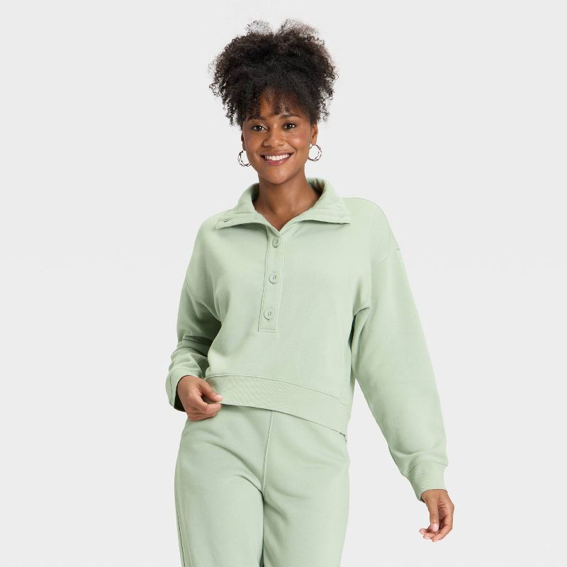 slide 1 of 3, Women's Button-Front Pullover Sweatshirt - Universal Thread™ Sage Green L, 1 ct