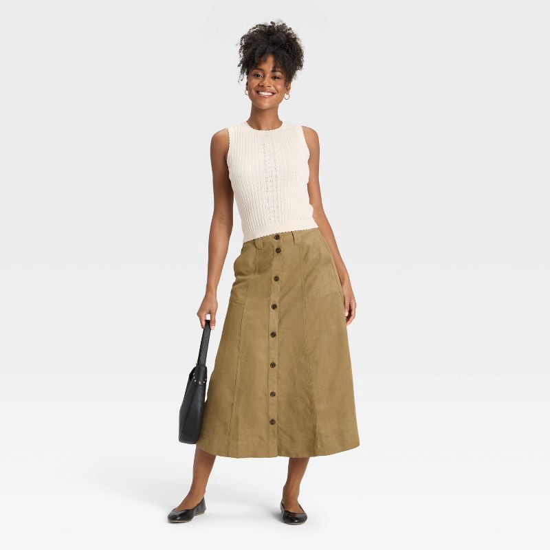 slide 3 of 3, Women's Faux Suede Midi A-Line Skirt - Universal Thread™ Olive Green 10, 1 ct