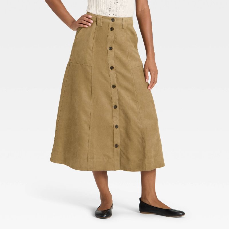 slide 1 of 3, Women's Faux Suede Midi A-Line Skirt - Universal Thread™ Olive Green 16, 1 ct