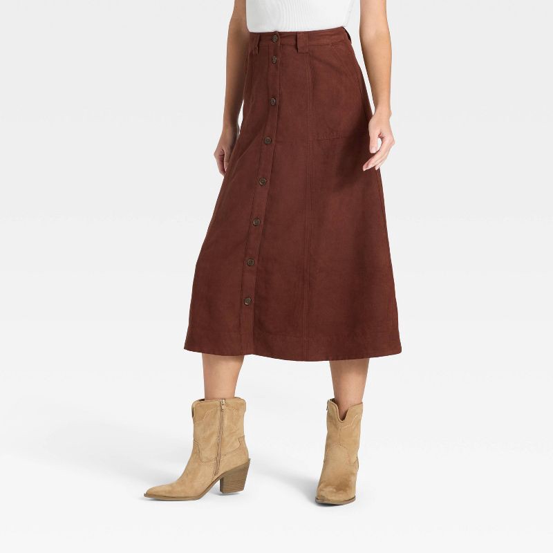 slide 1 of 3, Women's Faux Suede Midi A-Line Skirt - Universal Thread™ Brown 16, 1 ct