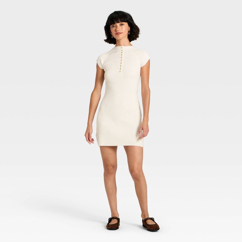 slide 3 of 3, Women's Short Sleeve Ribbed Mini A-Line Dress - Universal Thread™ Cream M, 1 ct