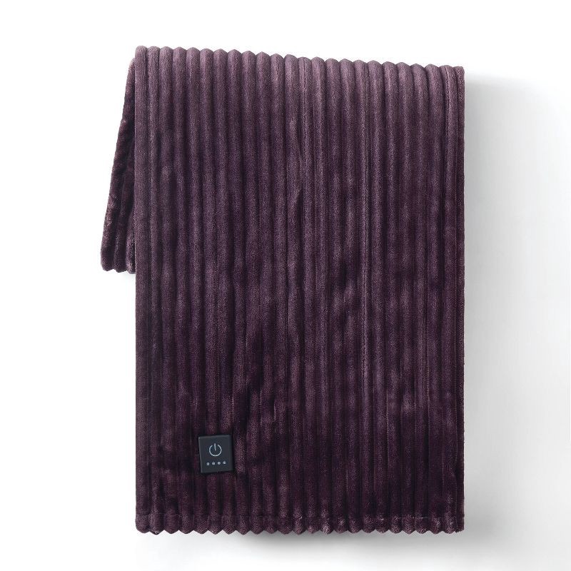 slide 2 of 5, Brookstone Heated Solid Ribbed Plush Throw Raisin, 1 ct