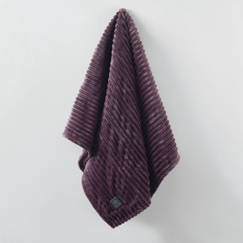 slide 3 of 5, Brookstone Heated Solid Ribbed Plush Throw Raisin, 1 ct