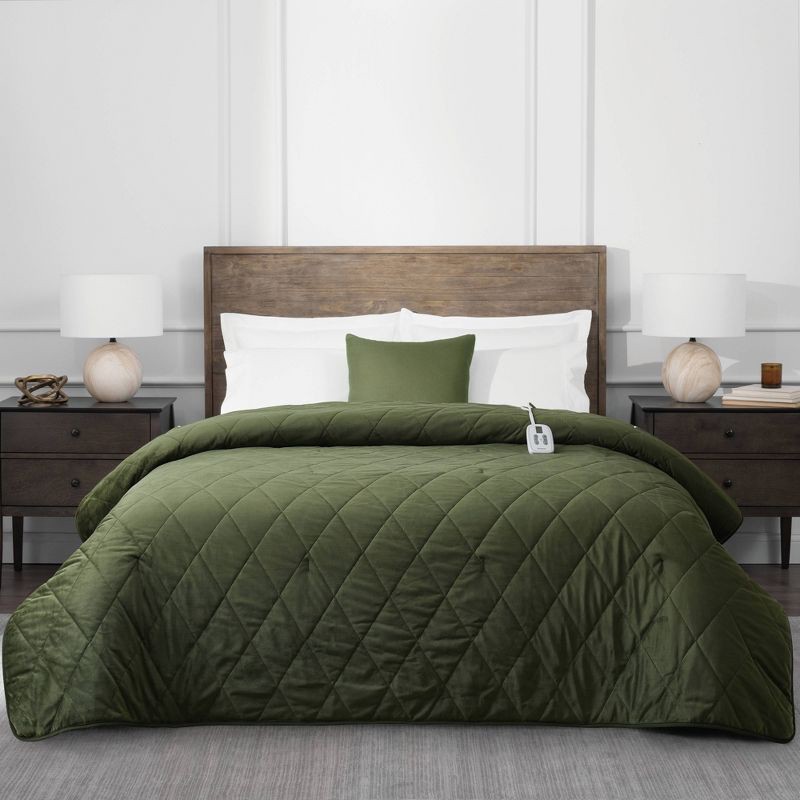 slide 1 of 6, Brookstone Twin Heated Diamond Stitch Quilt Blanket Olive Green, 1 ct