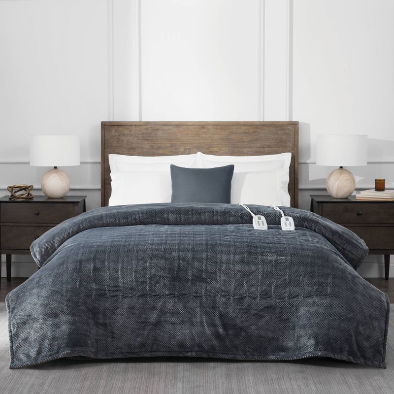 slide 1 of 6, Brookstone Full/Queen Heated Micro Herringbone Blanket Gray, 1 ct