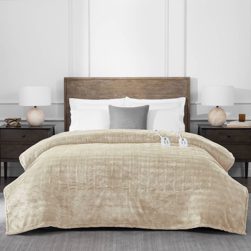 slide 1 of 6, Brookstone King Heated Micro Herringbone Blanket Taupe, 1 ct