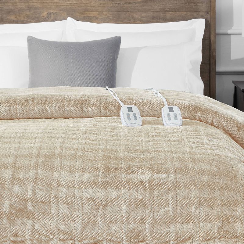 slide 3 of 6, Brookstone Full/Queen Heated Micro Herringbone Blanket Taupe, 1 ct