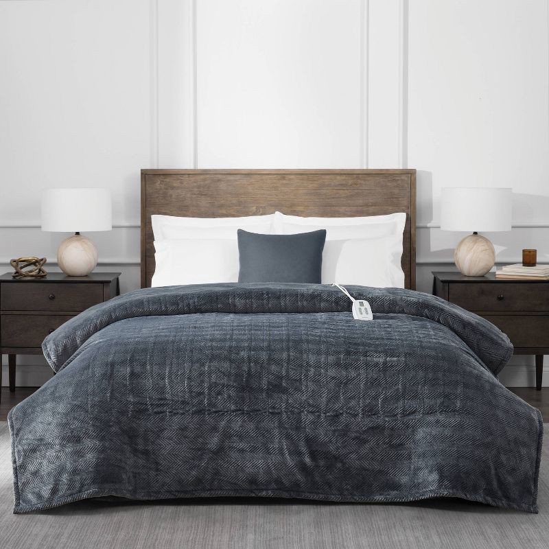 slide 1 of 6, Brookstone Twin Heated Micro Herringbone Blanket Gray, 1 ct