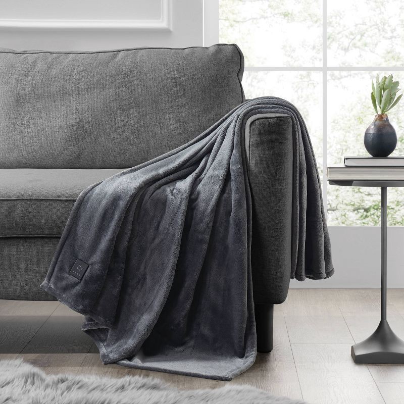 slide 1 of 5, Brookstone Heated Solid Plush Throw Gray, 1 ct