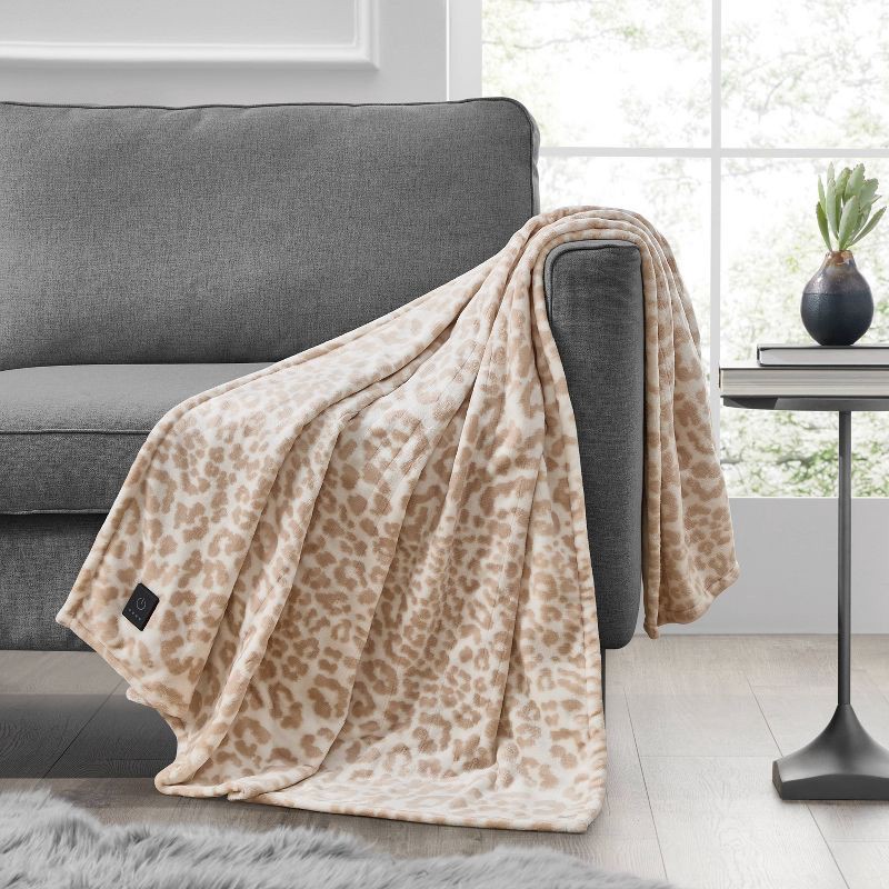 slide 1 of 5, Brookstone Heated Printed Plush Throw Cheetah Taupe, 1 ct