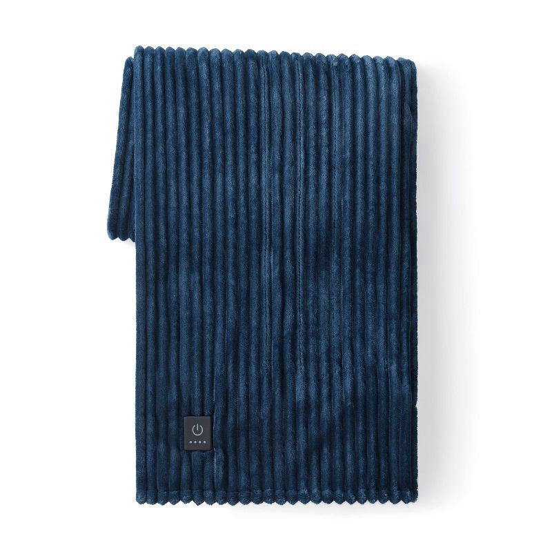 slide 2 of 5, Brookstone Heated Solid Ribbed Plush Throw Navy, 1 ct