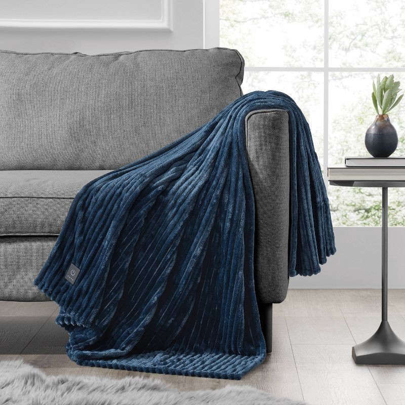 slide 1 of 5, Brookstone Heated Solid Ribbed Plush Throw Navy, 1 ct