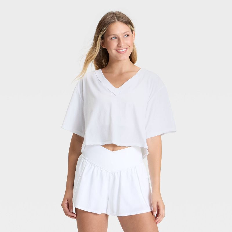 slide 1 of 3, Women's V-Neck Boxy Cropped Short Sleeve Top - JoyLab™ White S, 1 ct