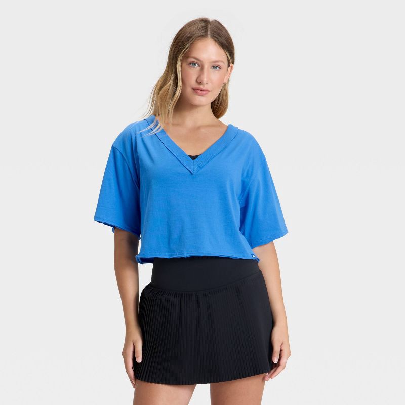 slide 1 of 3, Women's V-Neck Boxy Cropped Short Sleeve Top - JoyLab™ Vibrant Blue M, 1 ct