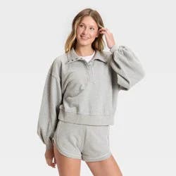 Women's Henley French Terry Sweatshirt - JoyLab™ Heathered Gray XXS
