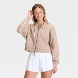 Women's Piped Cropped Full Zip Sweatshirt - JoyLab™ Taupe/Cream L