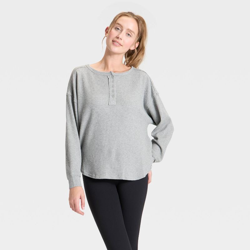 slide 1 of 3, Women's Waffle Henley Long Sleeve Top - JoyLab™ Heathered Gray XS, 1 ct