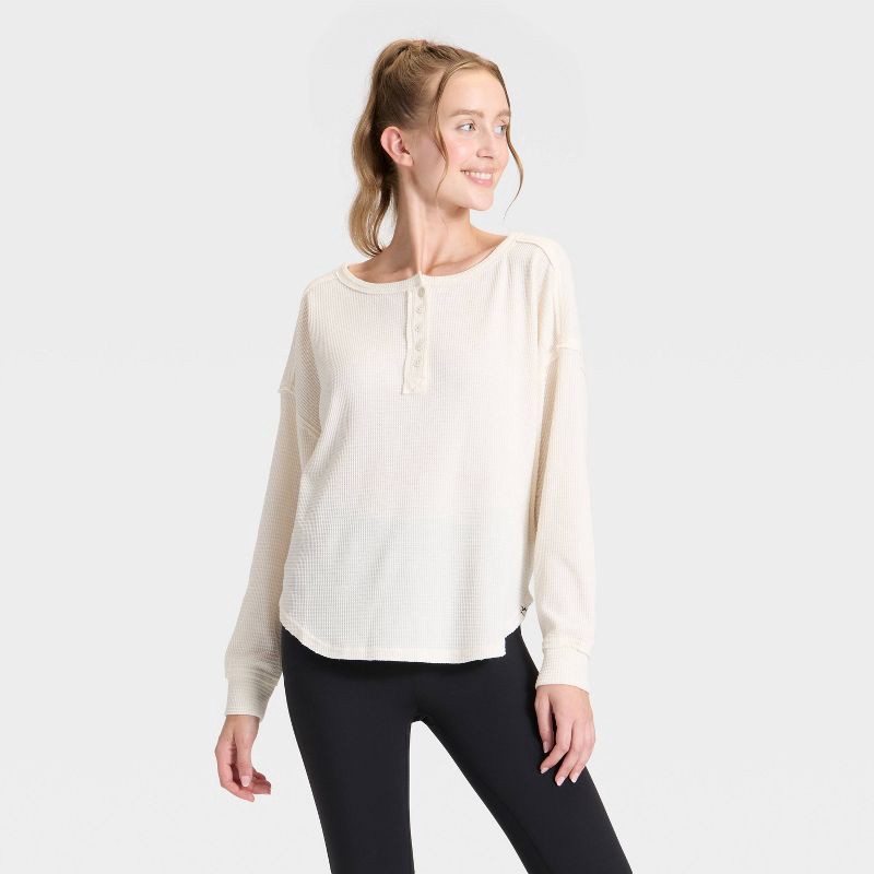slide 1 of 3, Women's Waffle Henley Long Sleeve Top - JoyLab™ Cream M, 1 ct