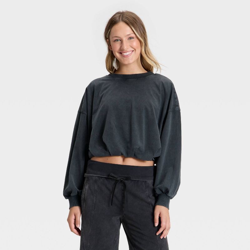 slide 1 of 3, Women's Bubble Hem Long Sleeve Top - JoyLab™ Black L, 1 ct