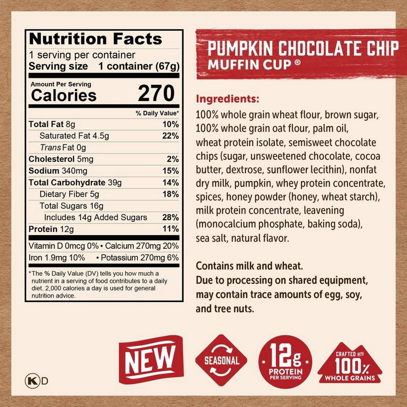 slide 2 of 7, Kodiak Cakes Protein-Packed Pumpkin Dark Chocolate Muffin Power Cup - 2.36oz, 2.36 oz