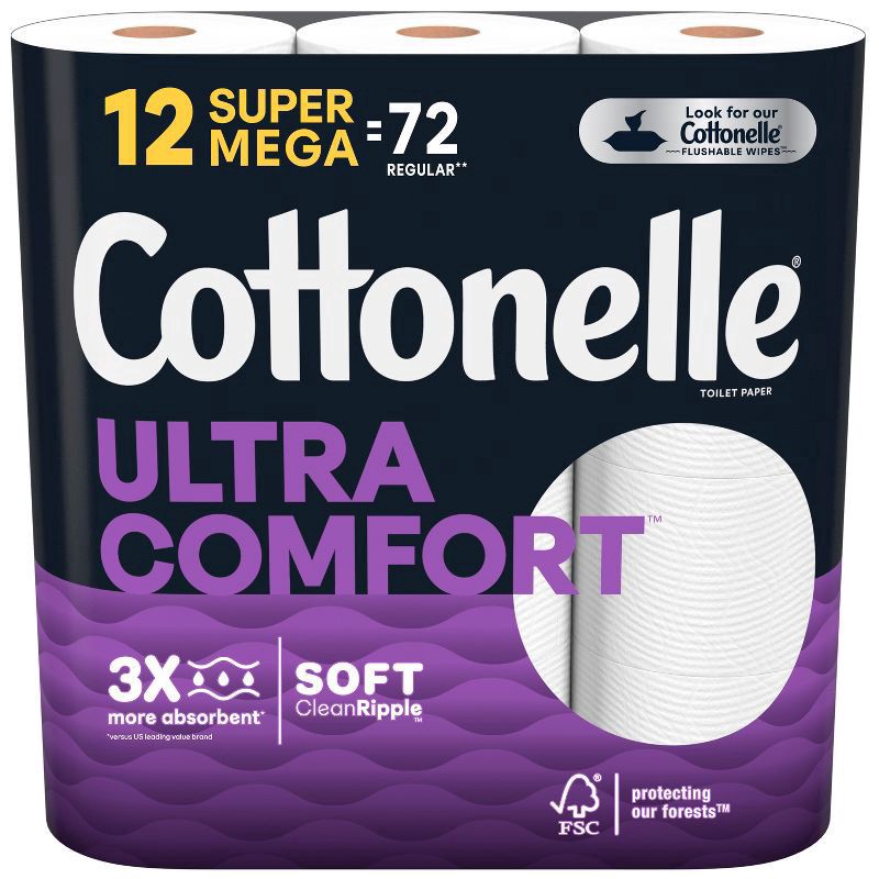 slide 1 of 11, Cottonelle Ultra Comfort Toilet Paper, Strong Toilet Tissue, 12 Super Mega Rolls (12 Super Mega Rolls = 72 Regular Rolls), 366 Sheets per Roll, 12 ct