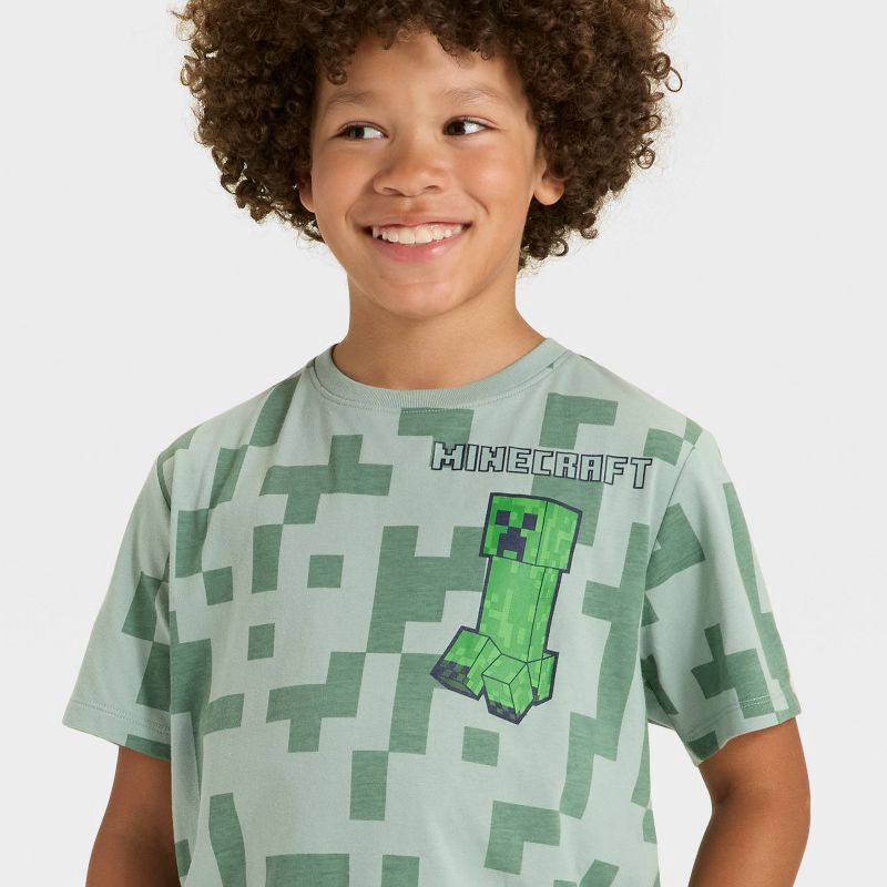 slide 2 of 4, Boys' Minecraft Creeper and Dog Short Sleeve Graphic T-Shirt - Sage Green XS, 1 ct