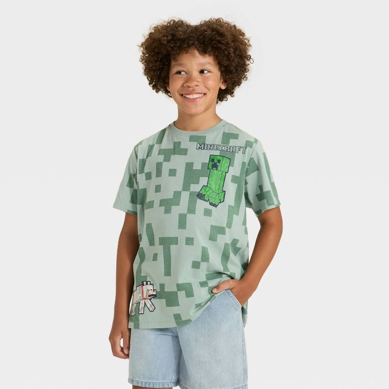 slide 1 of 4, Boys' Minecraft Creeper and Dog Short Sleeve Graphic T-Shirt - Sage Green L, 1 ct