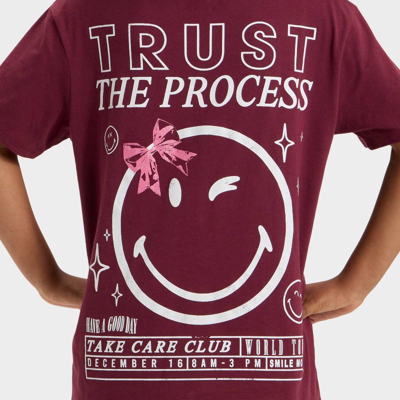 slide 4 of 4, Girls' SmileyWorld 'Trust The Process' Short Sleeve Oversized Front and Back Graphic T-Shirt - Red S, 1 ct