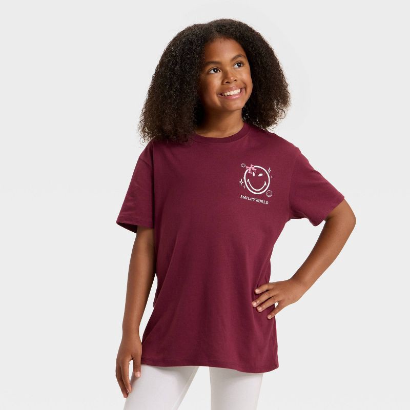 slide 4 of 4, Girls' SmileyWorld 'Trust The Process' Short Sleeve Oversized Front and Back Graphic T-Shirt - Red M, 1 ct