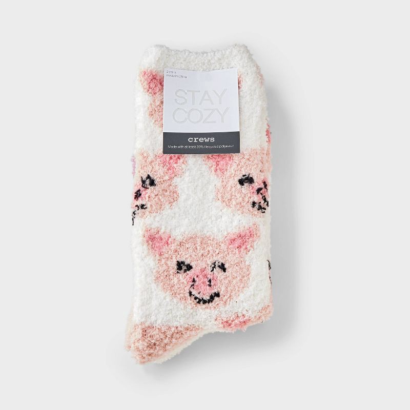 slide 2 of 3, Women's Pig 2pk Cozy Crew Socks - Ivory/Pink 4-10, 2 ct