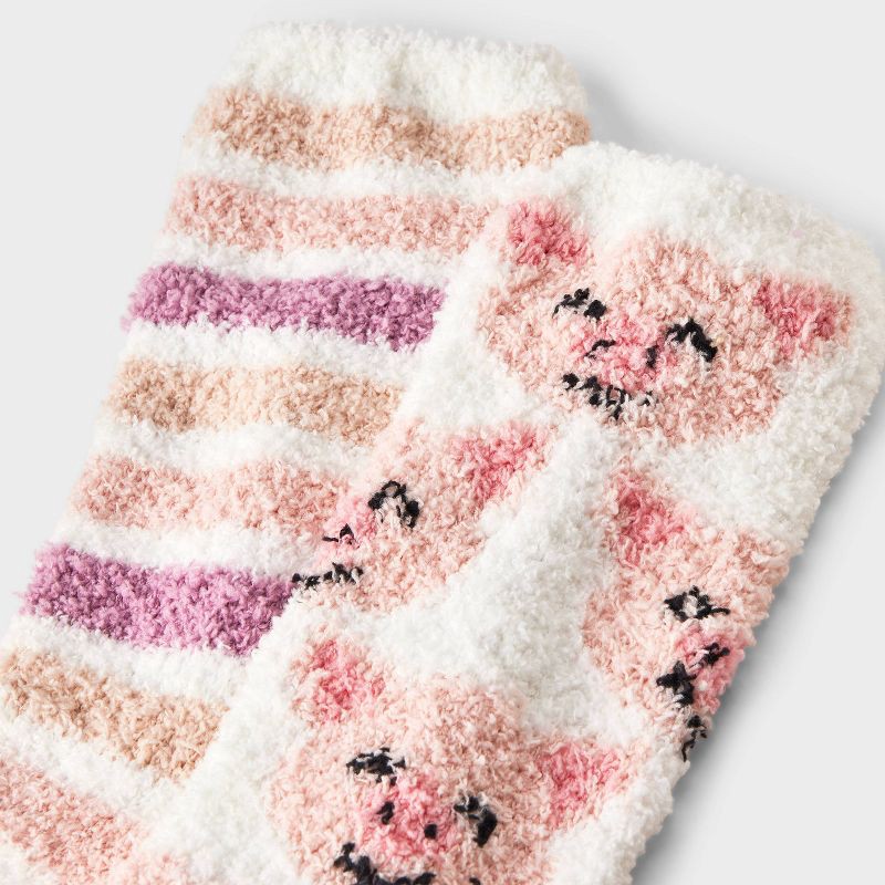 slide 3 of 3, Women's Pig 2pk Cozy Crew Socks - Ivory/Pink 4-10, 2 ct