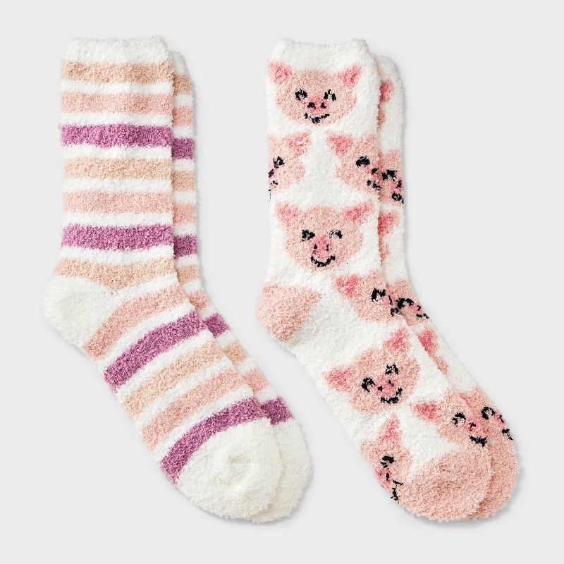 slide 1 of 3, Women's Pig 2pk Cozy Crew Socks - Ivory/Pink 4-10, 2 ct