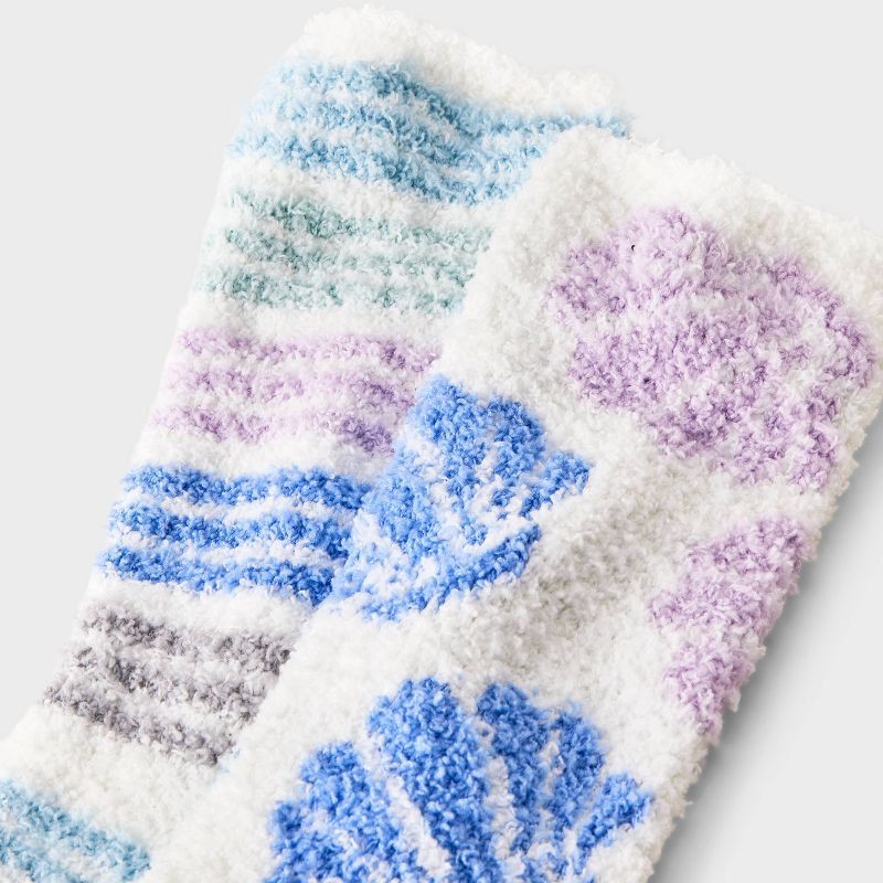 slide 3 of 3, Women's Seashells 2pk Cozy Crew Socks - Blue/Purple/Ivory 4-10, 2 ct