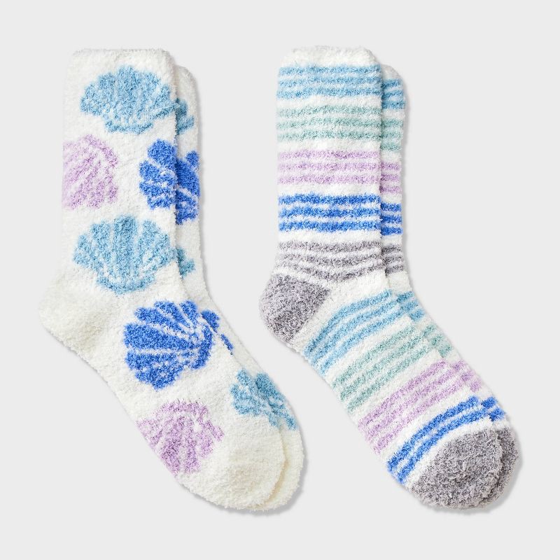 slide 1 of 3, Women's Seashells 2pk Cozy Crew Socks - Blue/Purple/Ivory 4-10, 2 ct