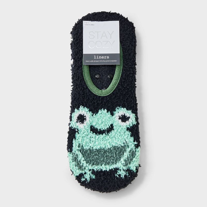 slide 2 of 3, Women's Frog 2pk Cozy Liner Socks - Black/Green/White 4-10, 2 ct