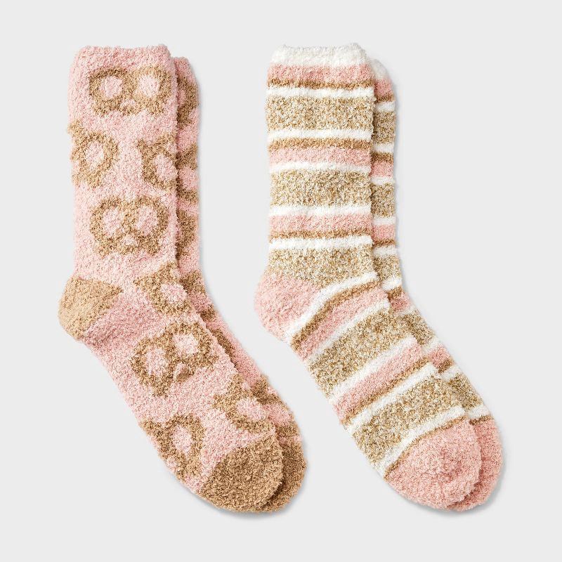 slide 1 of 3, Women's Pretzel 2pk Cozy Crew Socks - Pink/Brown/Oatmeal 4-10, 2 ct